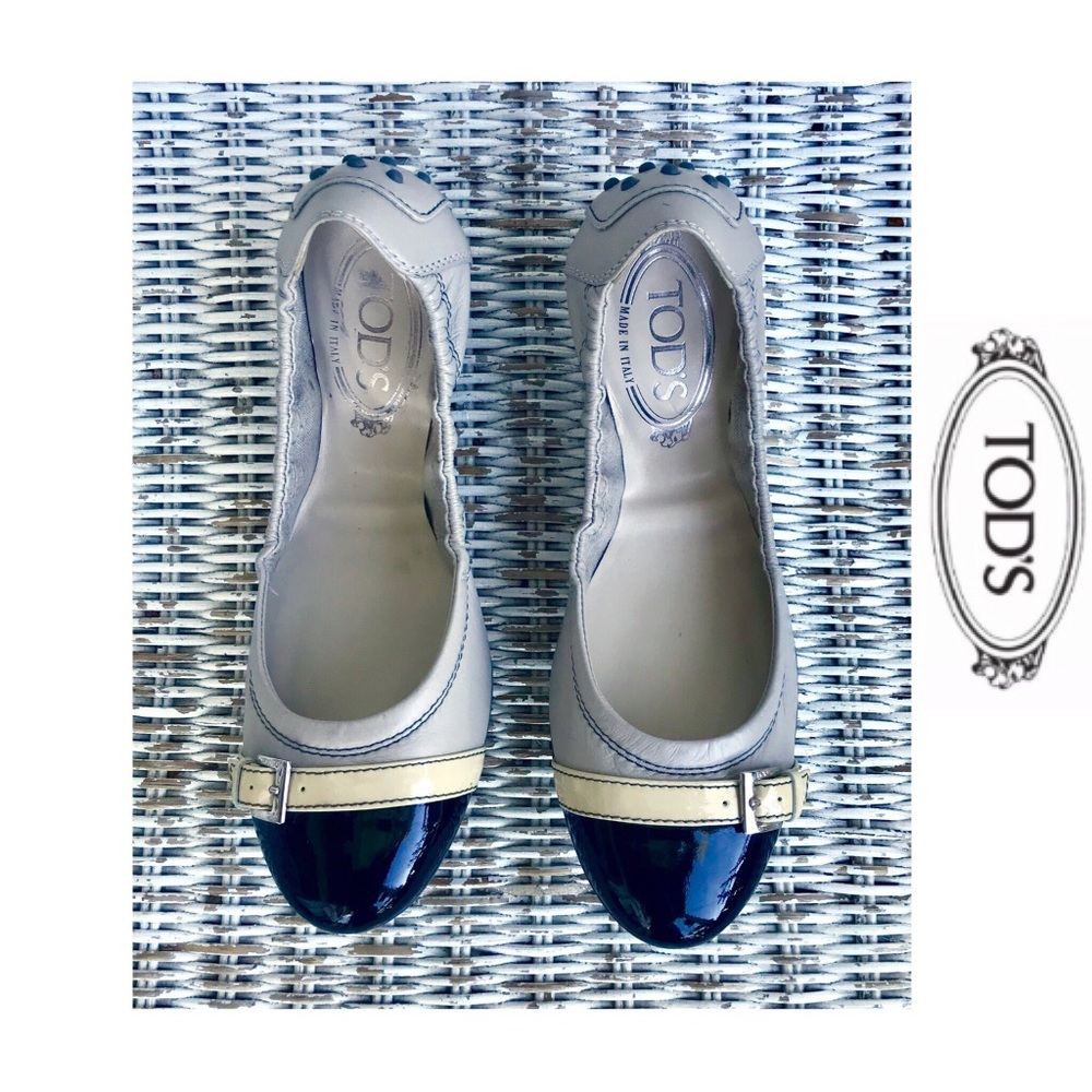 🆕 {Tod’s} ‘Dee’ Leather Ballet Flats in soft grey with black & tan, size 7